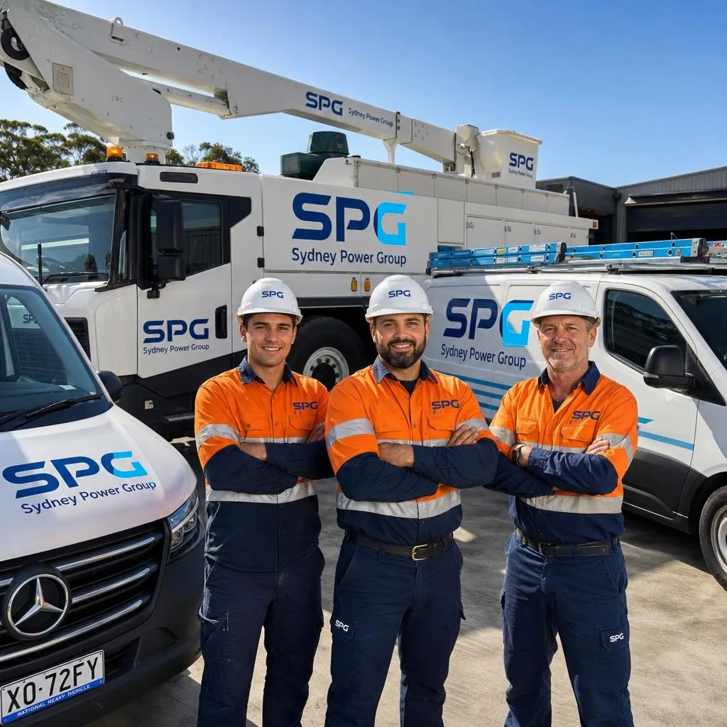 Three Sydney Power Group Level 2 electricians in high-visibility uniforms with SPG bucket trucks and work vans