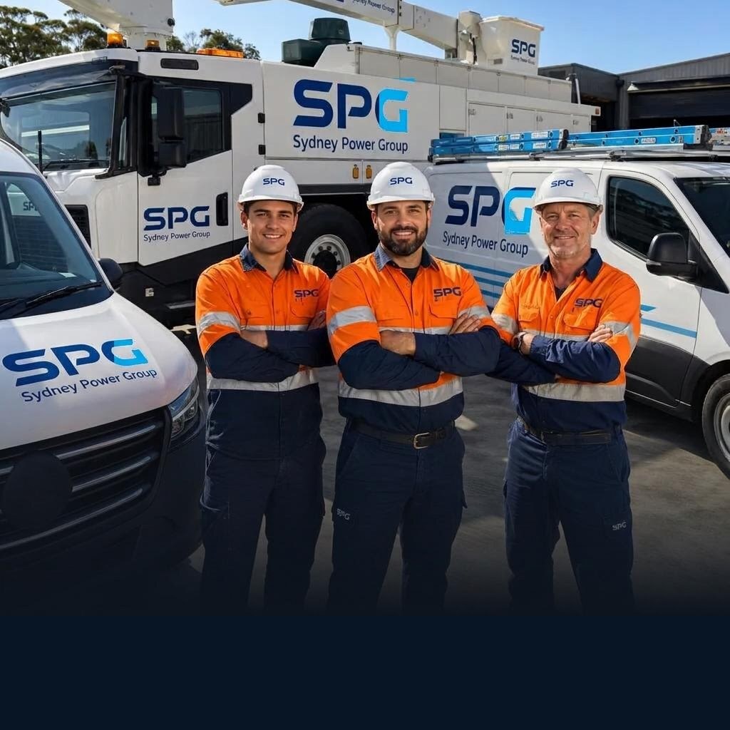 Three Sydney Power Group electricians with SPG-branded service vehicles and elevated work platform